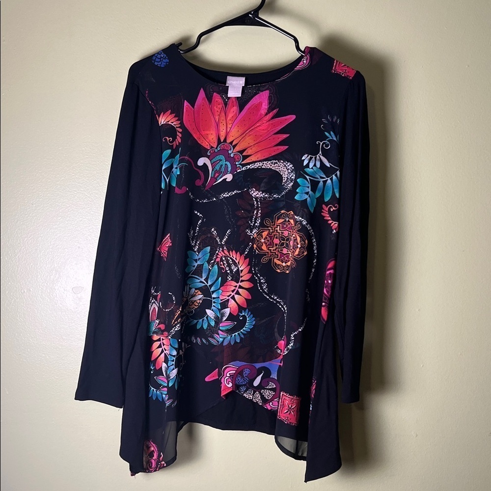 Chico's Black Floral Blouse with Pink and Blue Accents